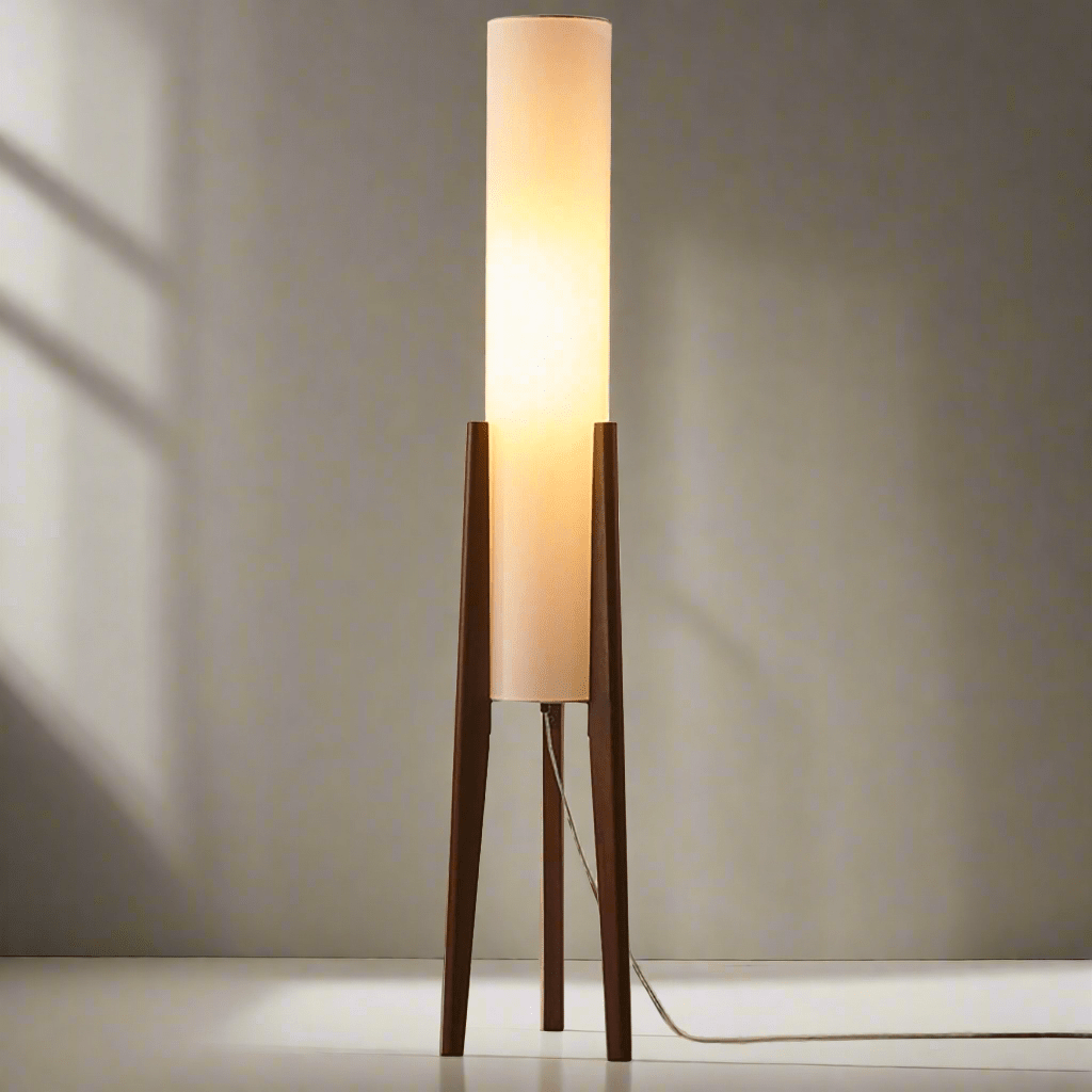 Lampa Podłogowa Japandi – Wykończenie Orzech Włoski, Drewniany Abażur