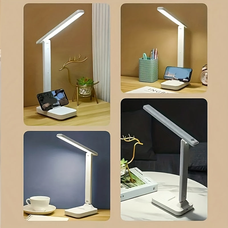 Touch-Sensitive LED Desk Lamp with Phone Stand and Brightness Adjustment