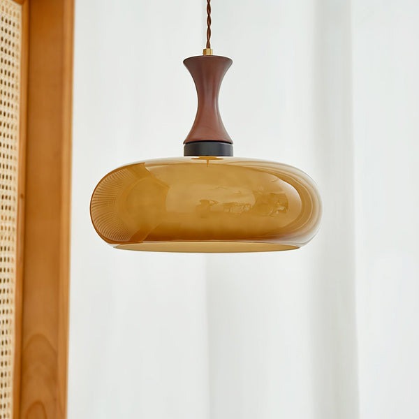 Drewniana Lampa Wisząca z Pomarańczowym Kloszem Retro