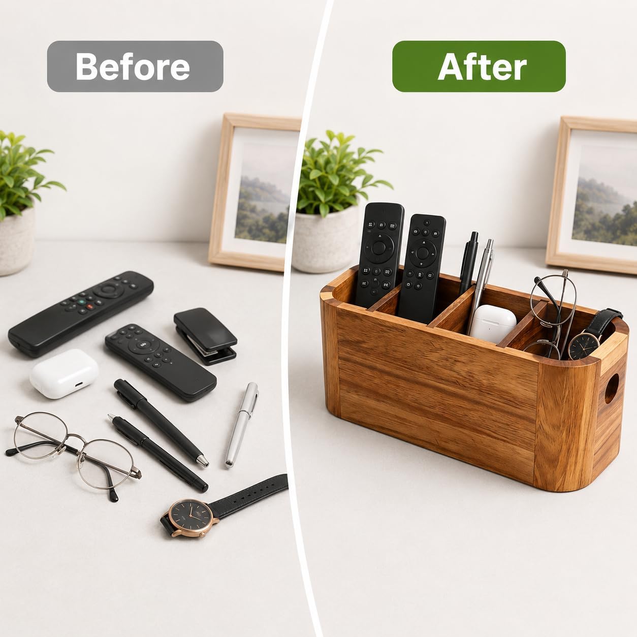 Acacia Wood Remote Control Organiser – 4-Compartment Caddy for Coffee Table and Desk