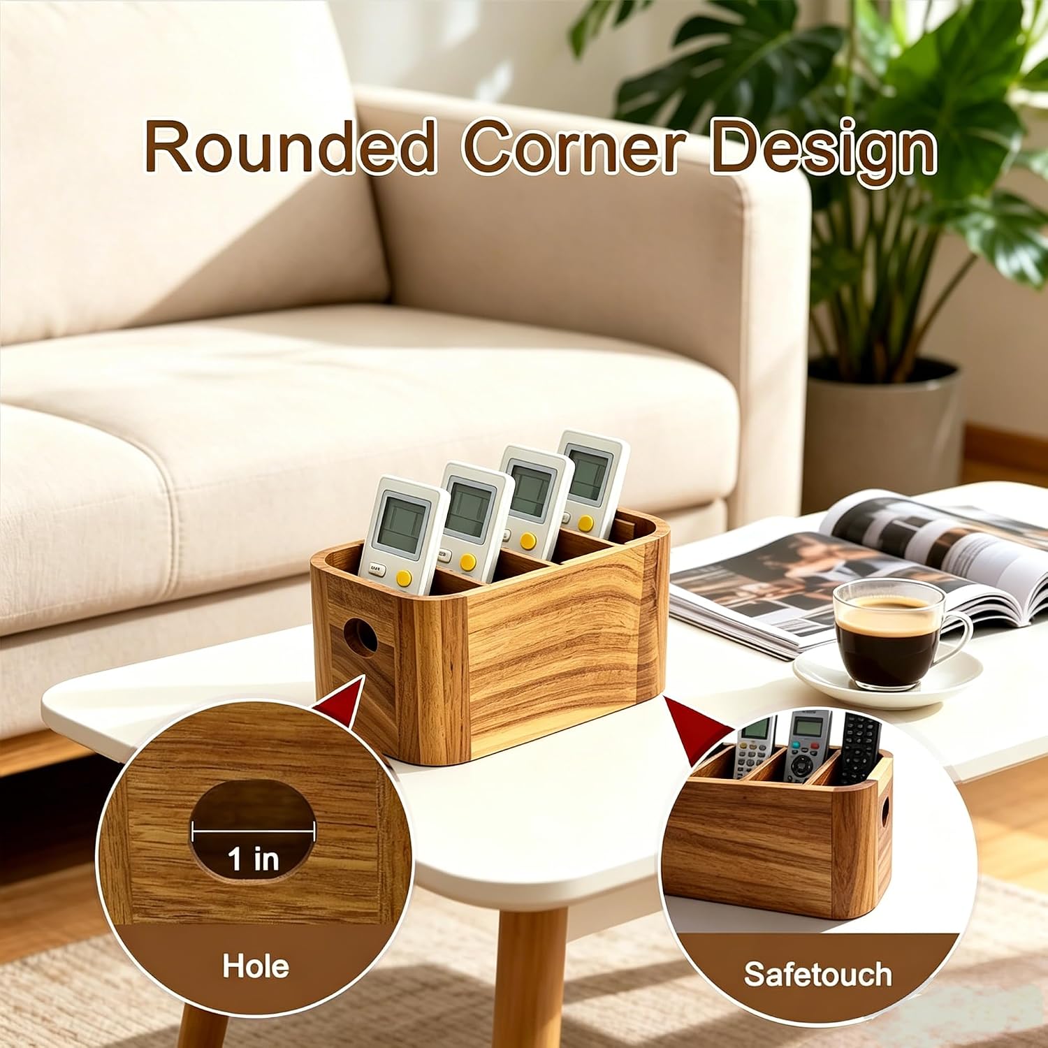 Acacia Wood Remote Control Organiser – 4-Compartment Caddy for Coffee Table and Desk