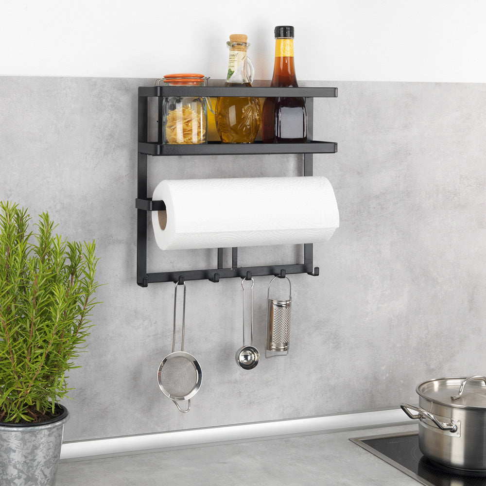 Industrial wall-mounted kitchen organiser with a towel holder and hooks