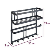 Industrial wall-mounted kitchen organiser with a towel holder and hooks