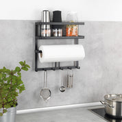 Industrial wall-mounted kitchen organiser with a towel holder and hooks
