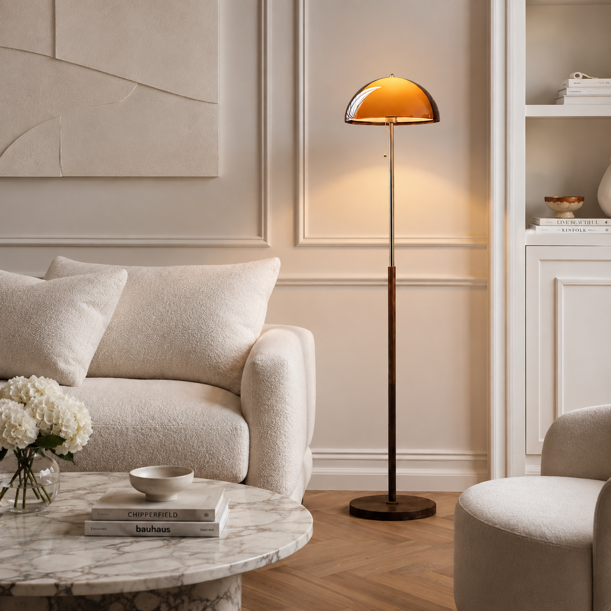 Lampa Podłogowa – Drewno, Metal i Bursztynowy Klosz
