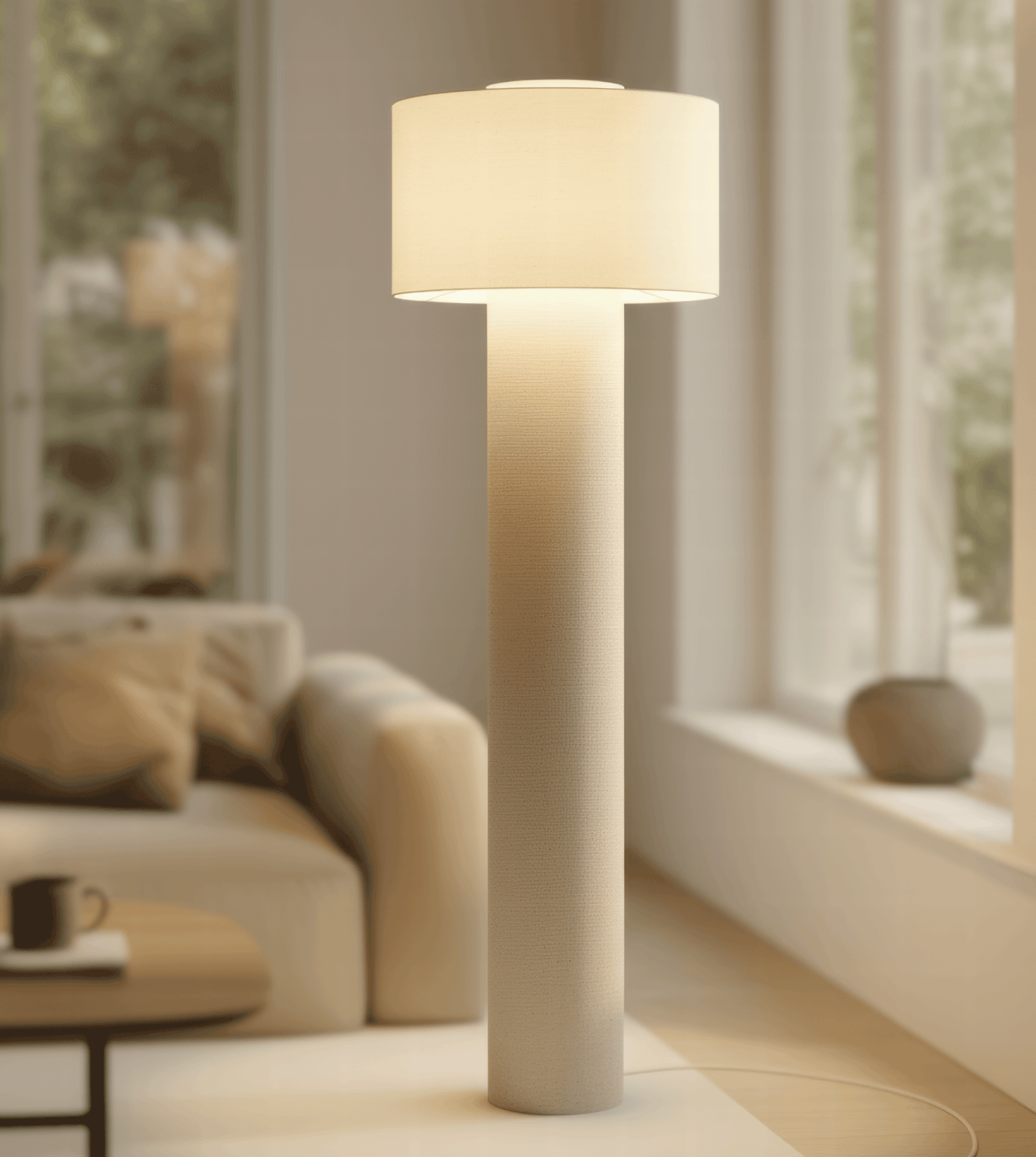 Lampa Podłogowa Lniana – Beżowa / Kremowa, Ściemnialna