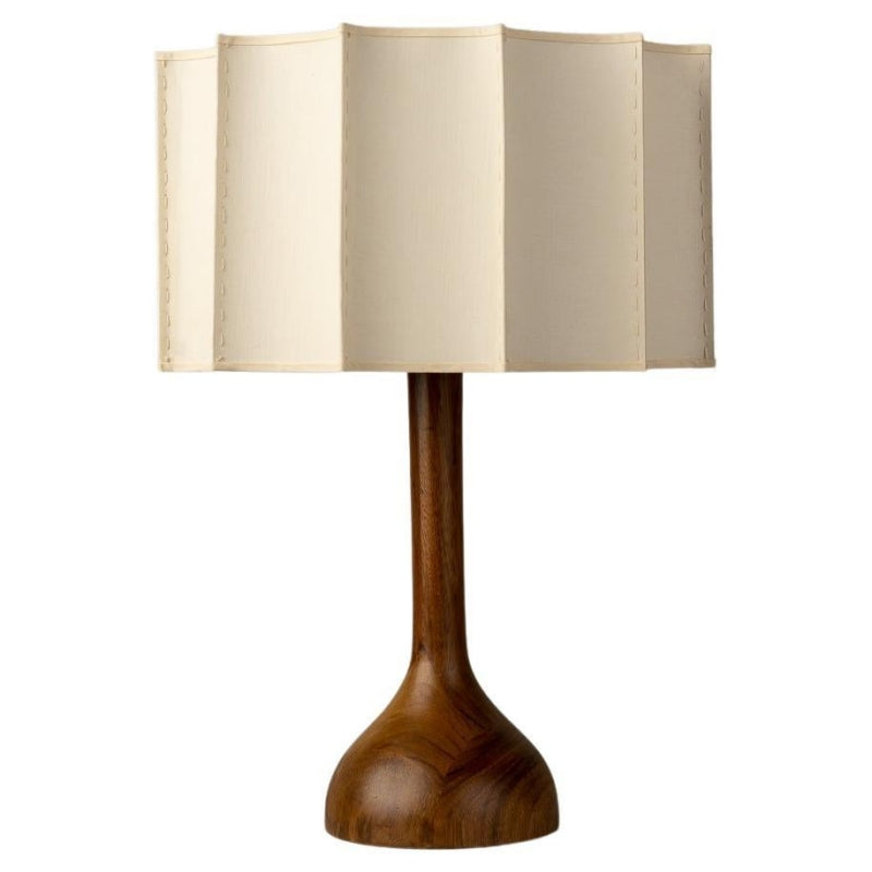Lampa Stołowa Retro z Orzechowym Drewnem i Materiałowym Abażurem