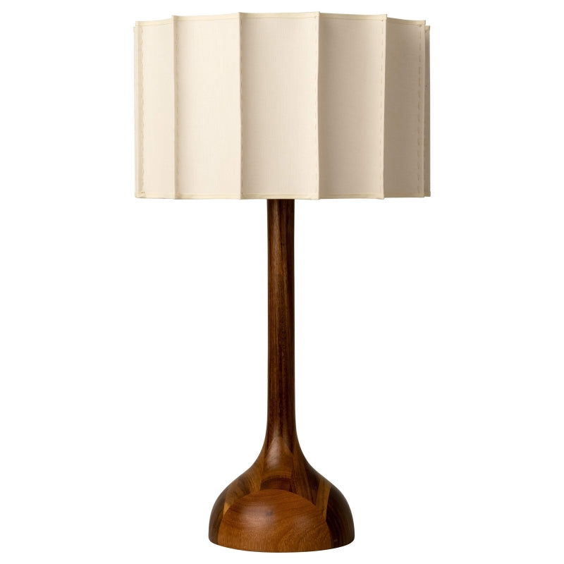 Lampa Stołowa Retro z Orzechowym Drewnem i Materiałowym Abażurem