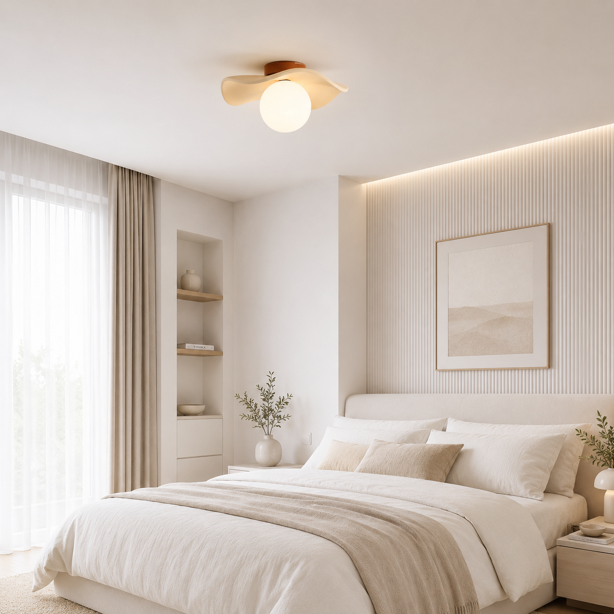 Lampa Sufitowa Rzeźbiarska z Matową Szklaną Kulą – Plafon Organiczny Beż i Brąz