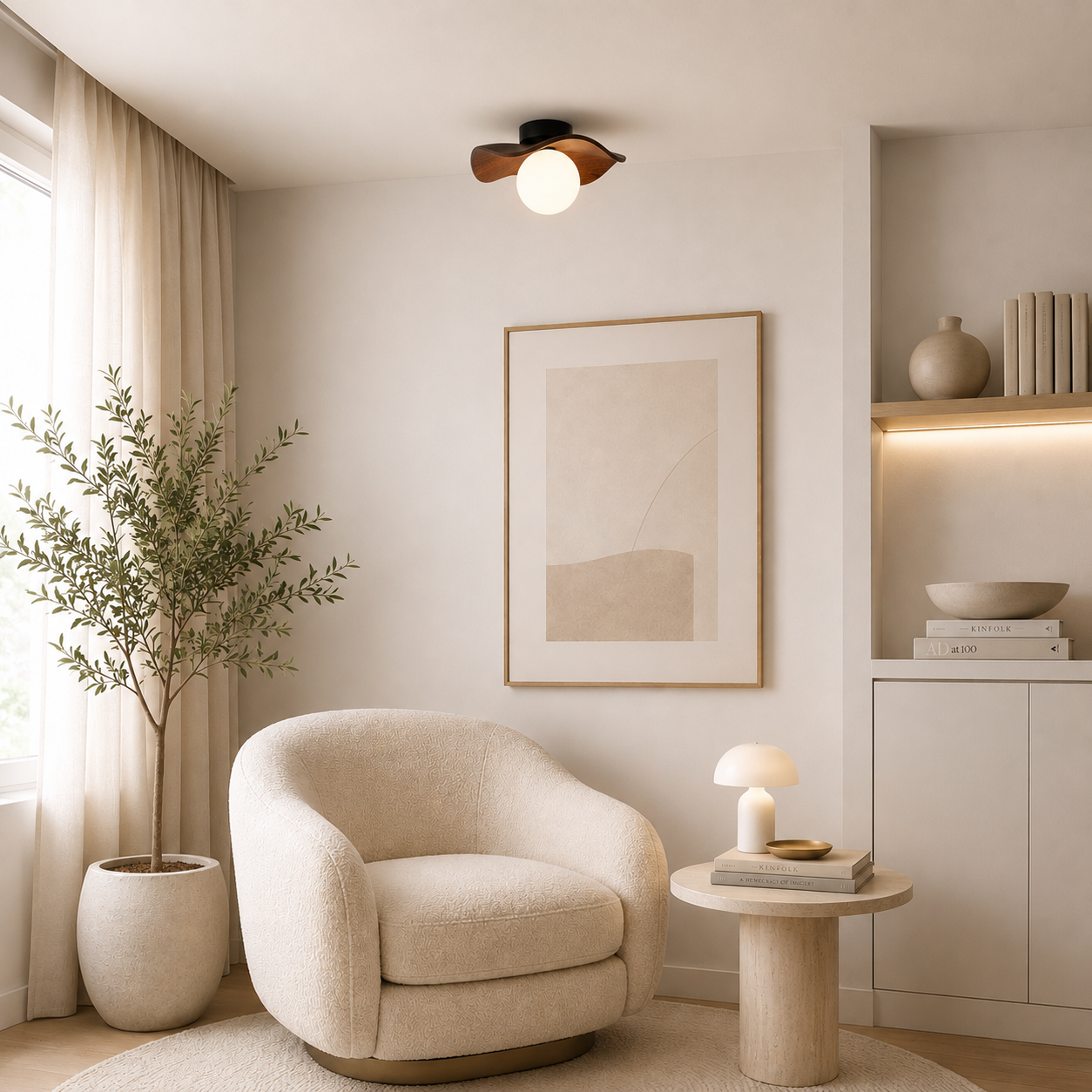 Lampa Sufitowa Rzeźbiarska z Matową Szklaną Kulą – Plafon Organiczny Beż i Brąz