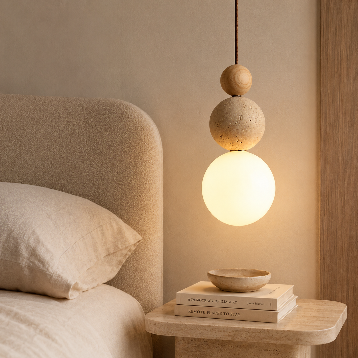 Lampa Wisząca z Trawertynu, Drewna i Szkła – Naturalny Design do Sypialni i Salonu