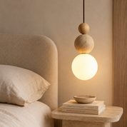 Lampa Wisząca z Trawertynu, Drewna i Szkła – Naturalny Design do Sypialni i Salonu