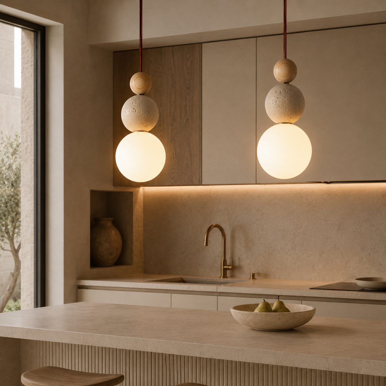 Lampa Wisząca z Trawertynu, Drewna i Szkła – Naturalny Design do Sypialni i Salonu
