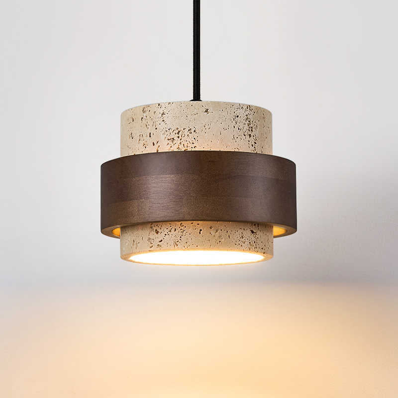 Lampa Wisząca z Trawertynu i Drewna Orzechowego – Naturalny Design Japandi