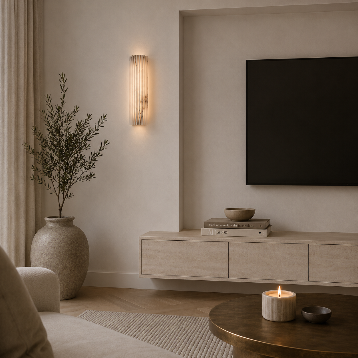 Lampa Ścienna z Naturalnego Alabastru – Żłobiona Forma i Ciepłe Światło