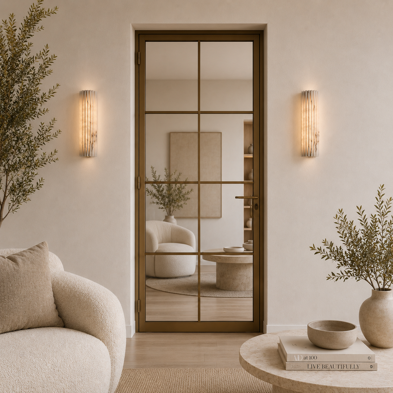 Lampa Ścienna z Naturalnego Alabastru – Żłobiona Forma i Ciepłe Światło