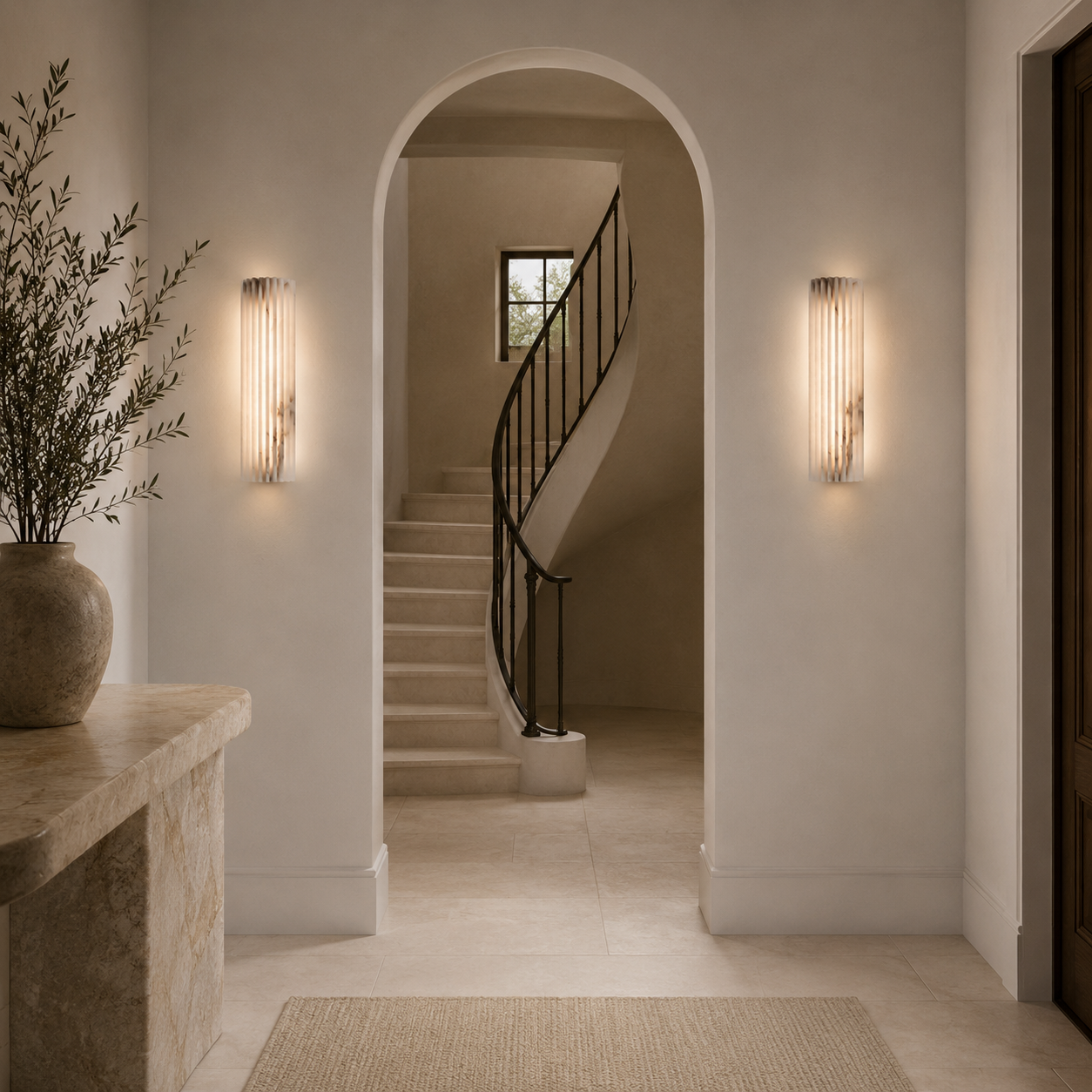 Lampa Ścienna z Naturalnego Alabastru – Żłobiona Forma i Ciepłe Światło