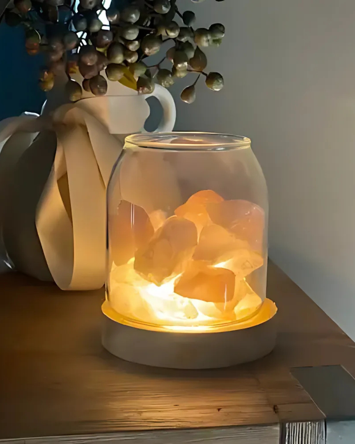 Lampka na Biurko z Kryształu Solnego z Drewnianą Powierzchnią
