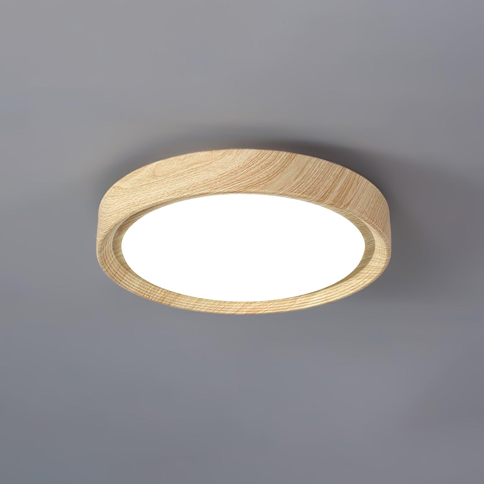 Okrągła Lampa Sufitowa LED z Efektem Drewna w Stylu Skandynawskim