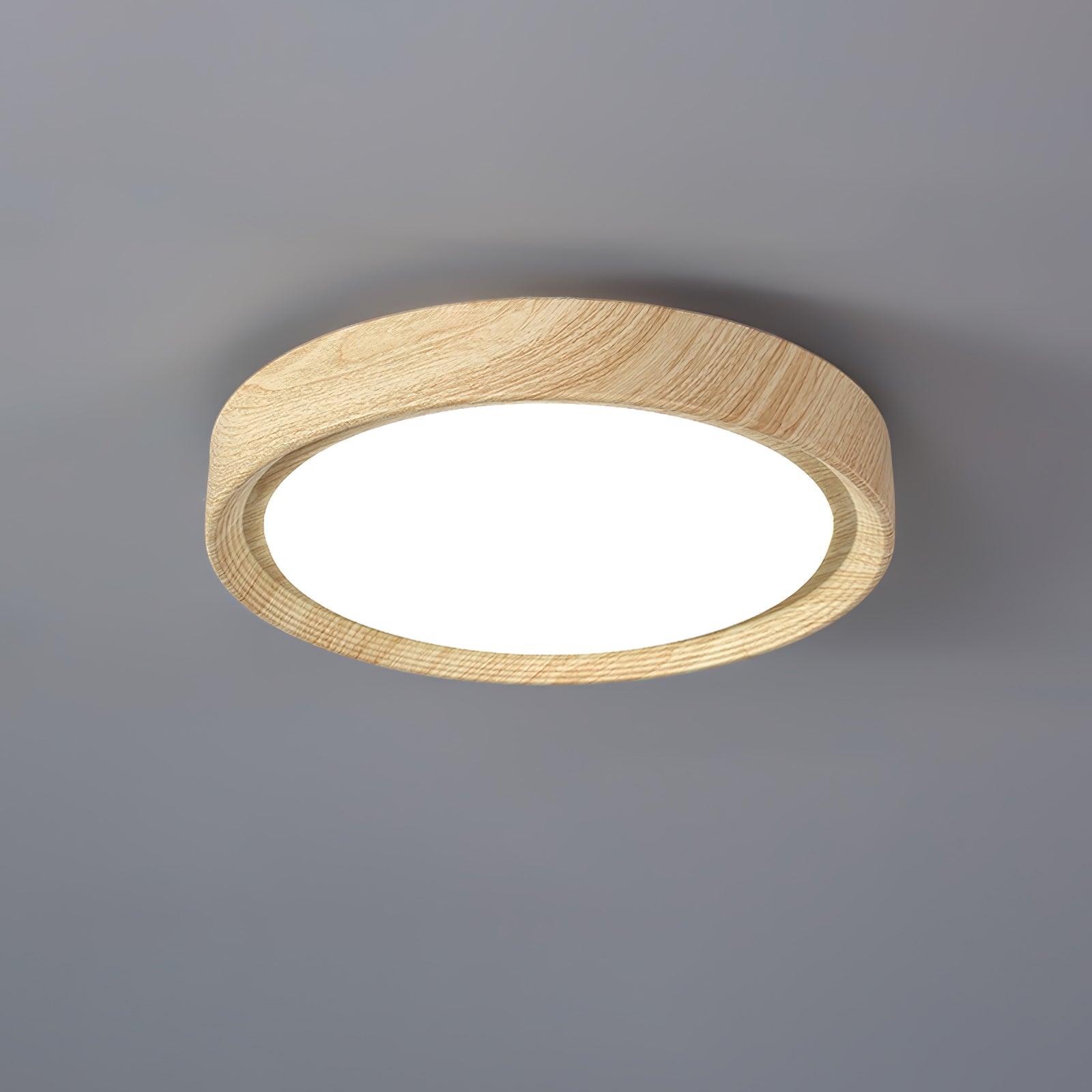 Okrągła Lampa Sufitowa LED z Efektem Drewna w Stylu Skandynawskim