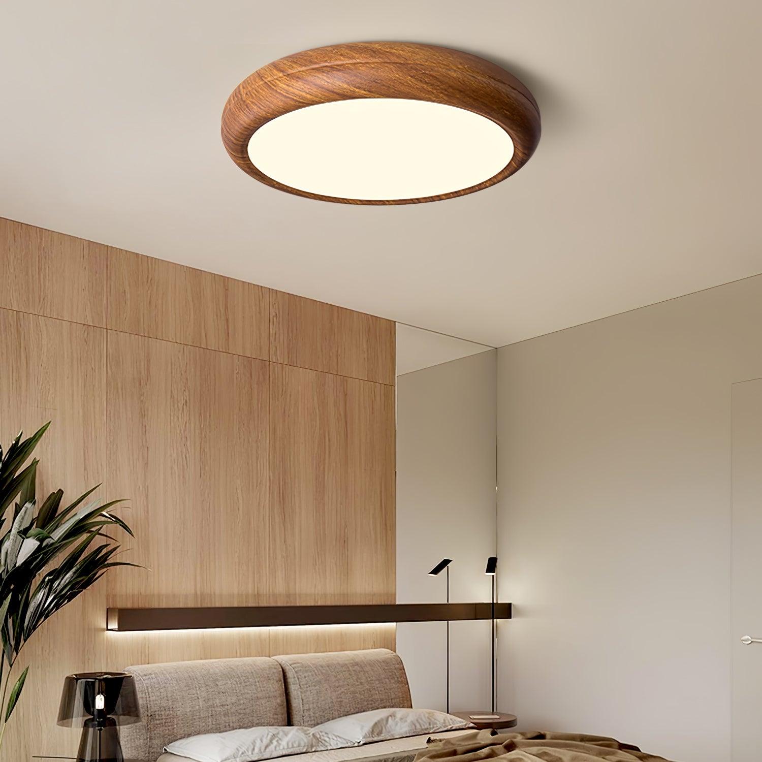 Okrągła Lampa Sufitowa LED z Efektem Drewna w Stylu Skandynawskim