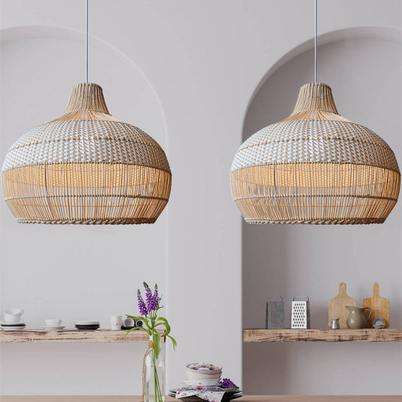 Rattanowa Lampa Wisząca z Plecionym Kloszem do Wyspy Kuchennej