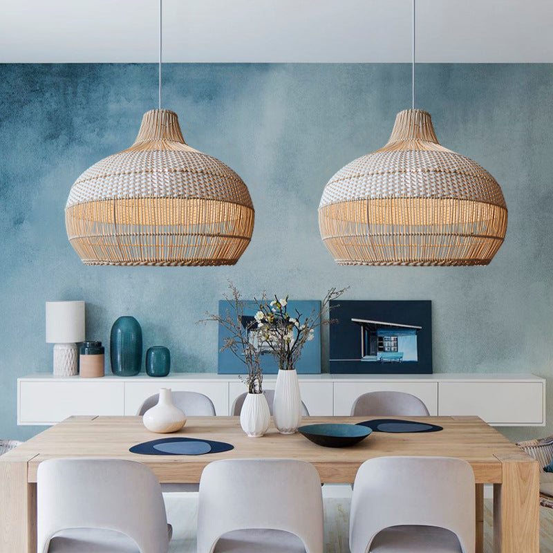 Rattanowa Lampa Wisząca z Plecionym Kloszem do Wyspy Kuchennej