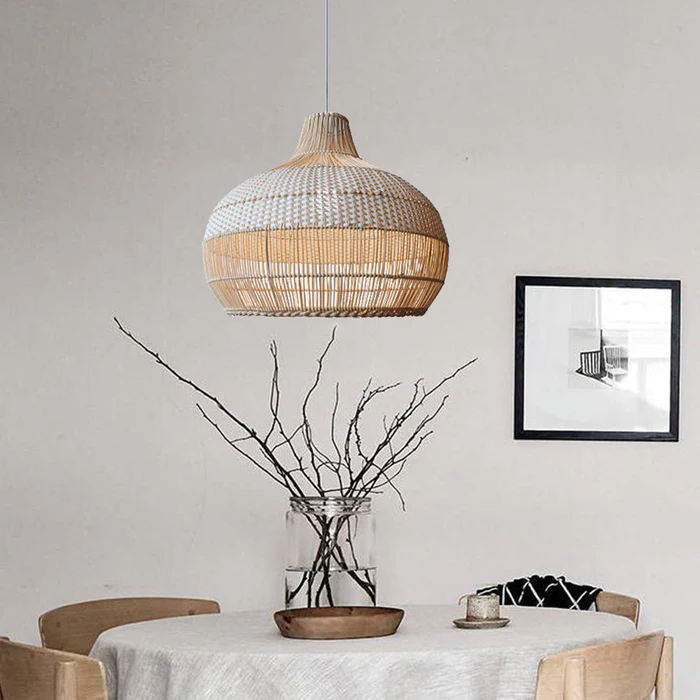 Rattanowa Lampa Wisząca z Plecionym Kloszem do Wyspy Kuchennej