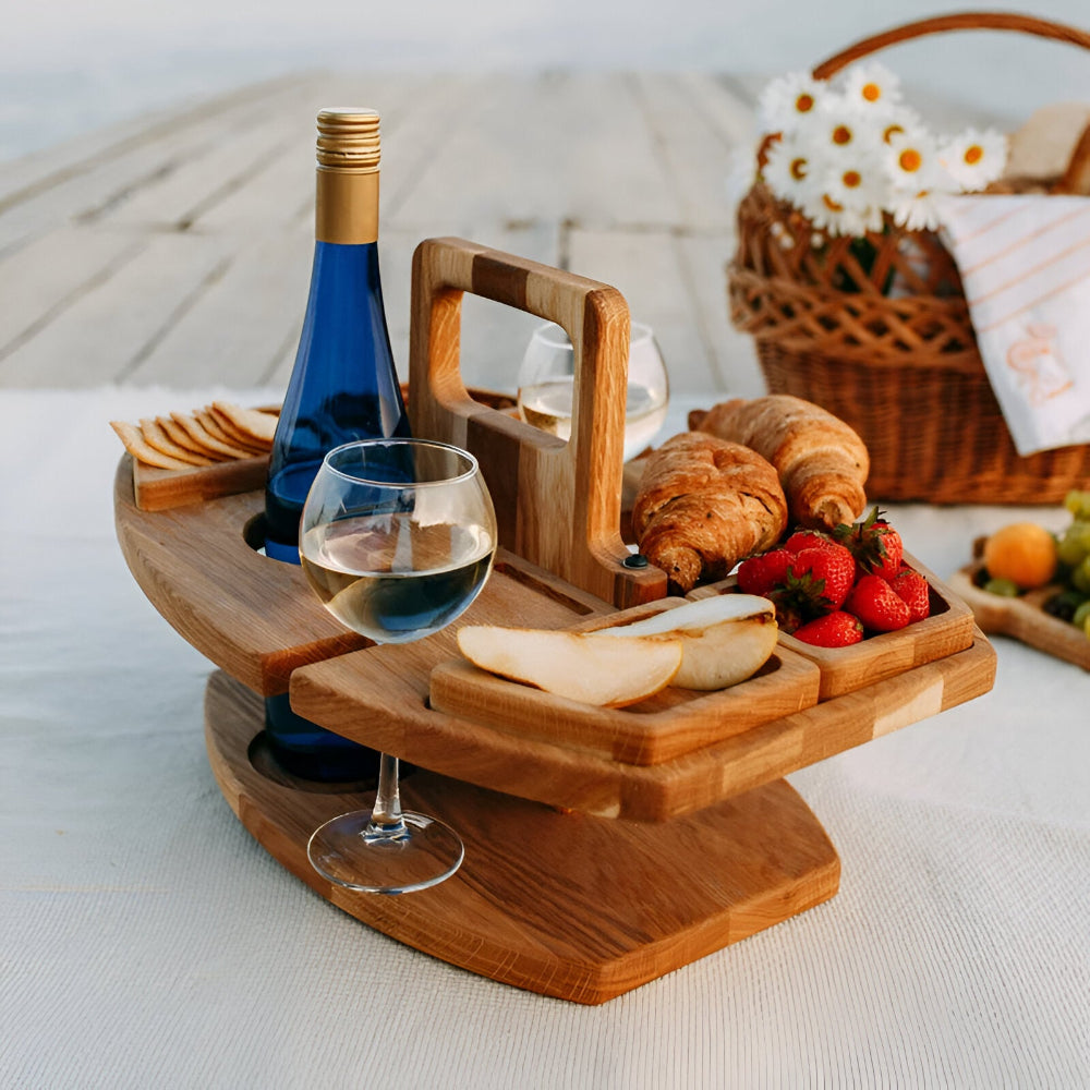 Składany Stolik Piknikowy z Drewna – Z Uchwytem na Wino