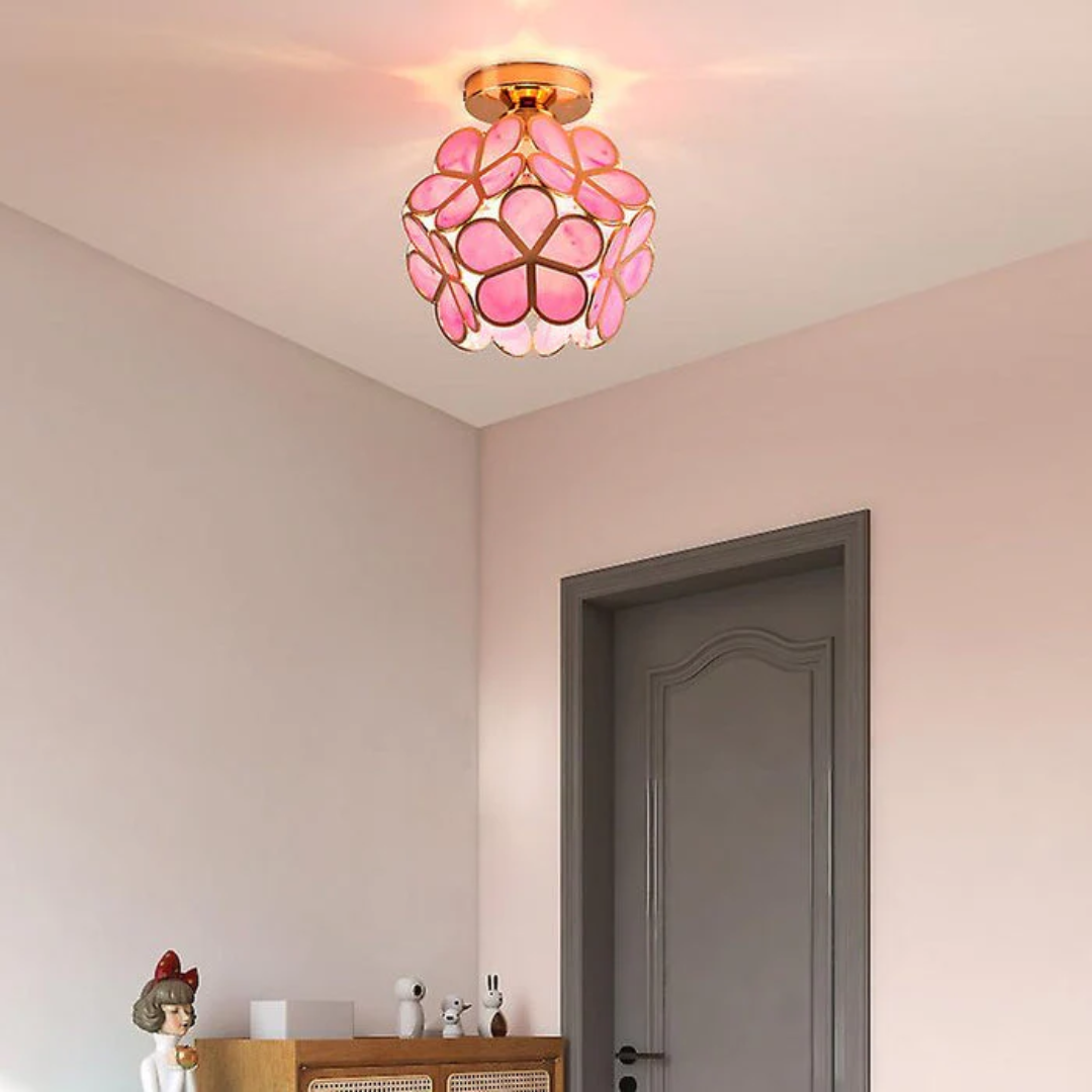 Szklana Lampa Sufitowa z Kwiatowym Wzorem, Żelazna Rama — Oświetlenie LED do Salonu i Sypialni