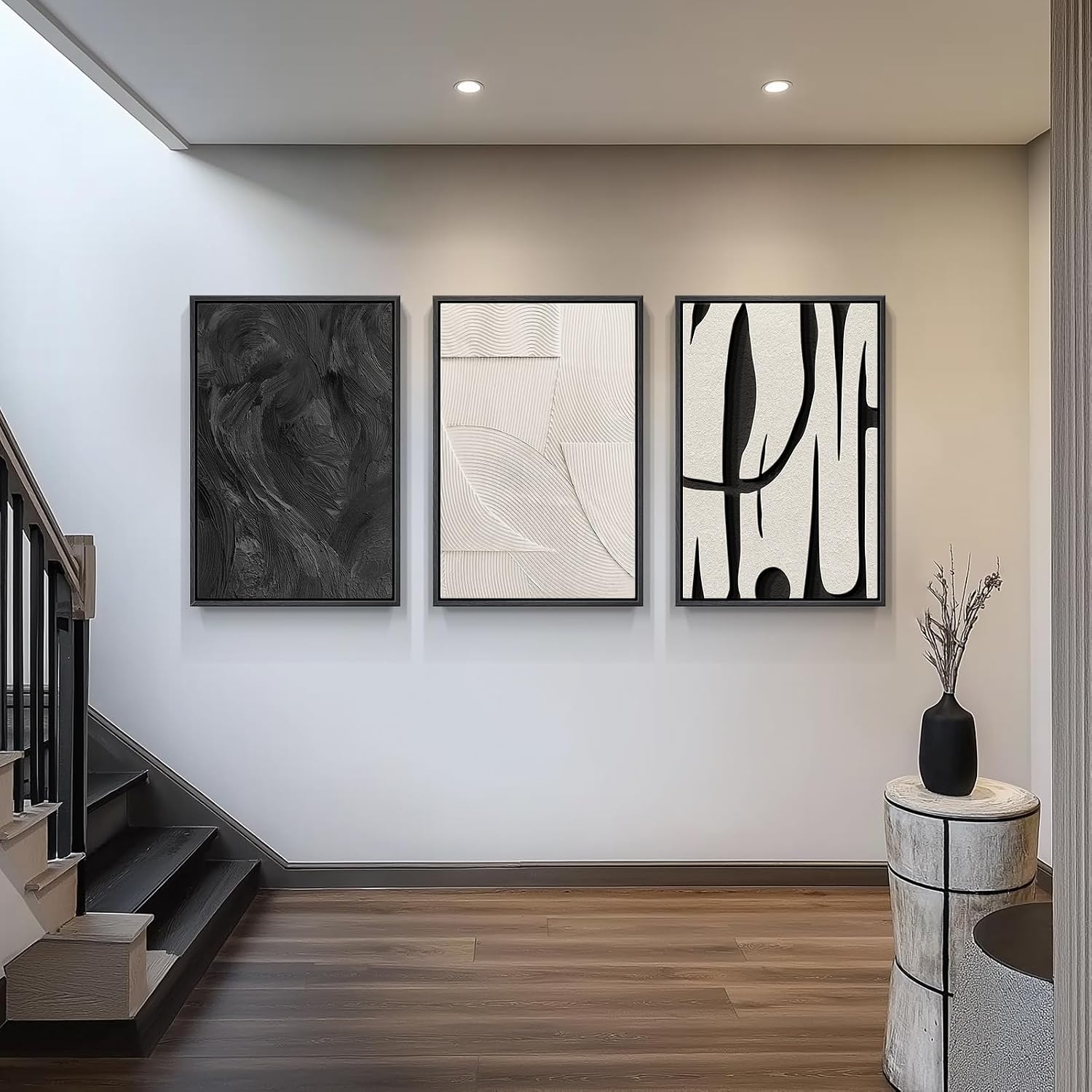 Black and White Abstract Prints, Wooden Frames – Set of 3