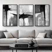 Black and White Abstract Prints, Wooden Frames – Set of 3