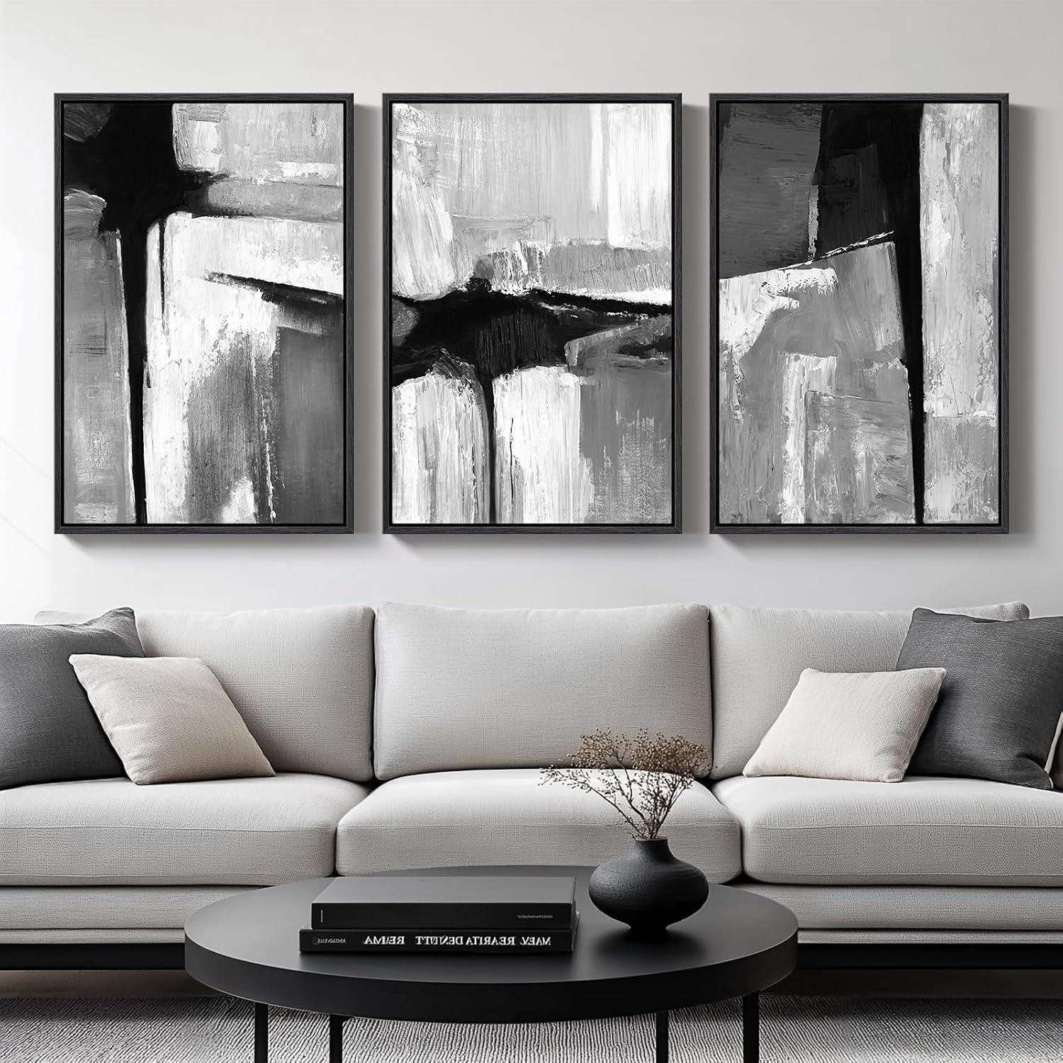 Black and White Abstract Prints, Wooden Frames – Set of 3