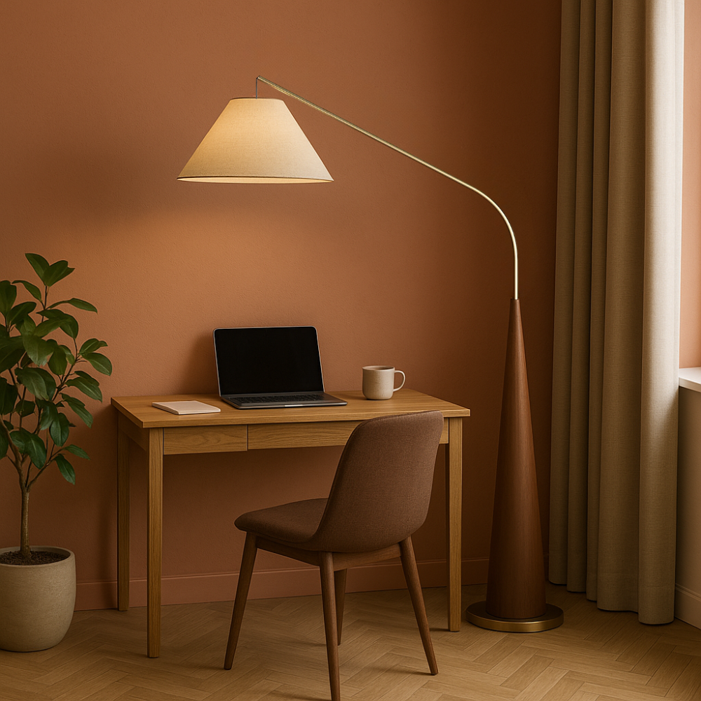 Lampa Podłogowa Łukowa – Drewniana Podstawa w Kolorze Orzecha, Jasny Abażur